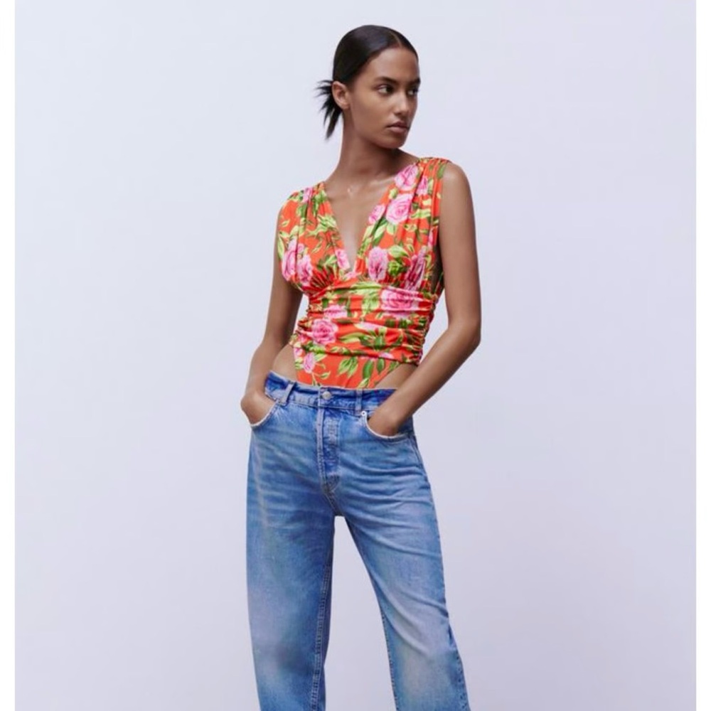 Zara Floral Deep Plunge Bodysuit
